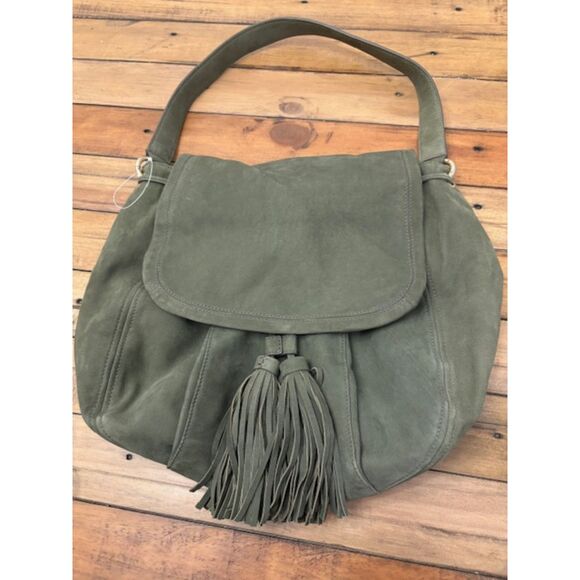 Talbots Suede Saddle Hobo Duffel Bag Large Moss Green Giftable NWOT - Picture 2 of 9